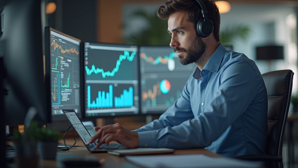 Профессиональный менеджер поддержки анализирует метрики очереди запросов на современном рабочем месте