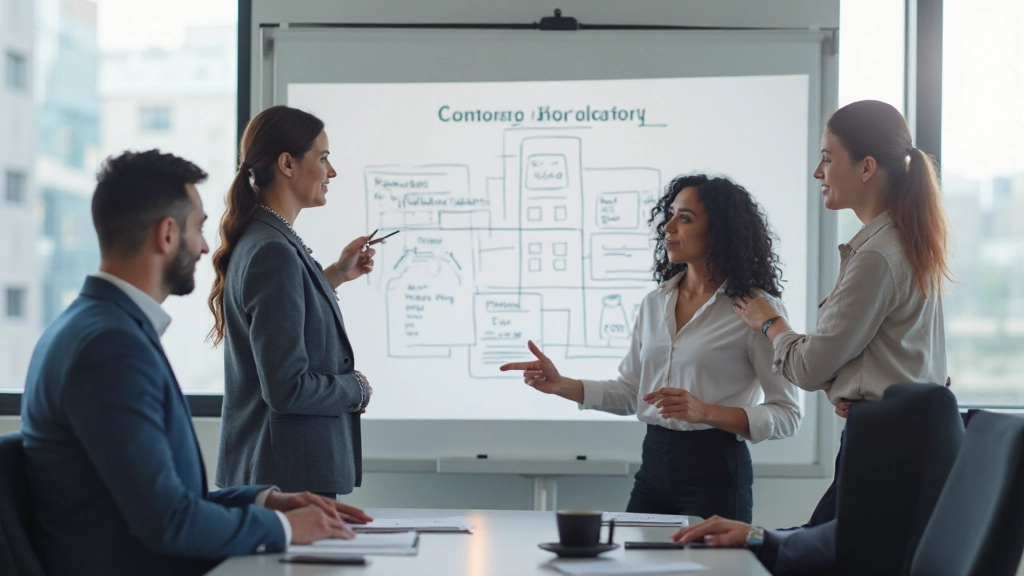 Команда поддержки обсуждает приоритизацию запросов во время планёрки в конференц-зале